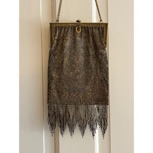 Antique Art Deco Micro Beaded Fringe Evening Bag Gold Silver Brass Frame 1920s